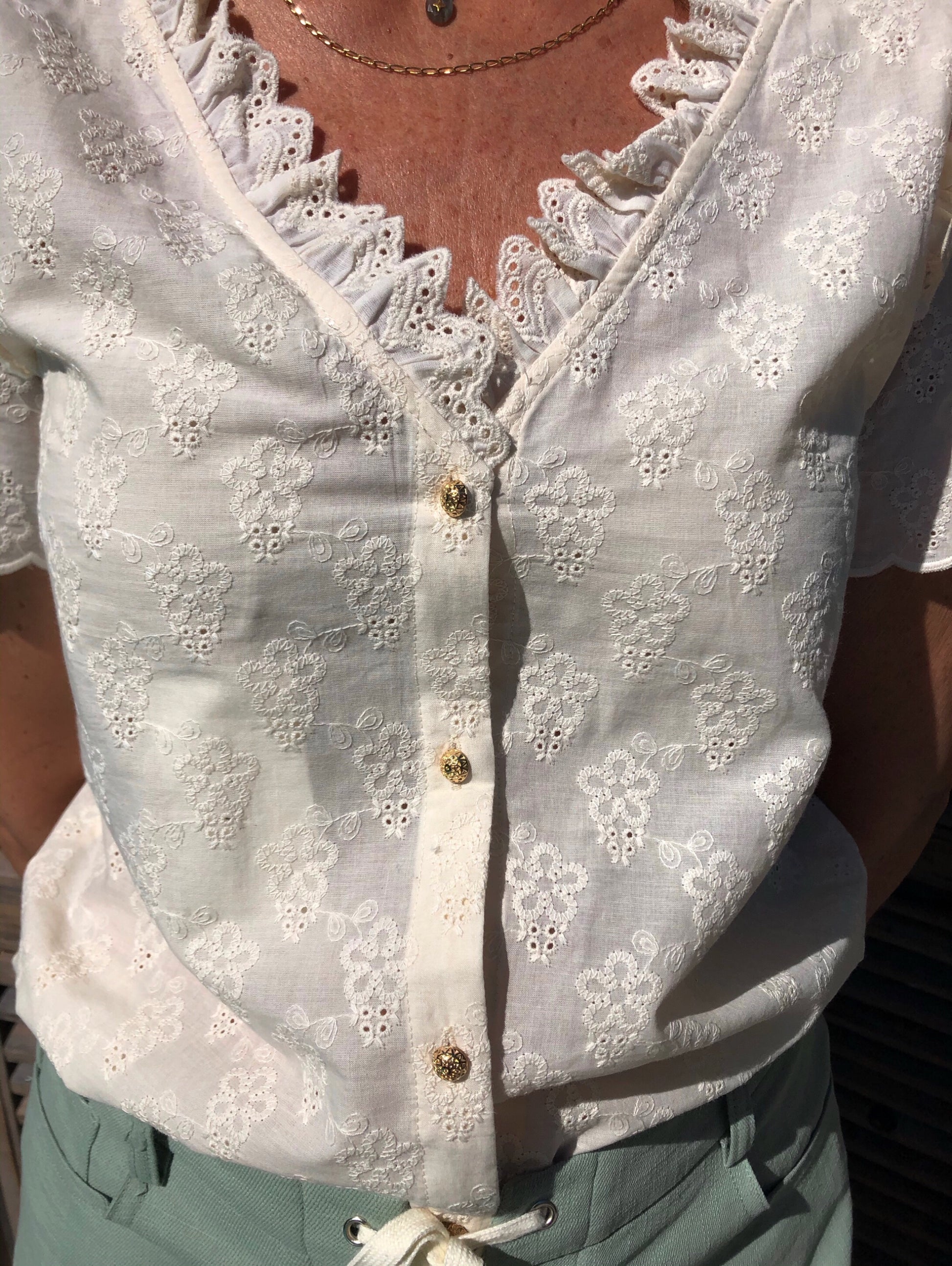 top, chemise, dentelle, écru